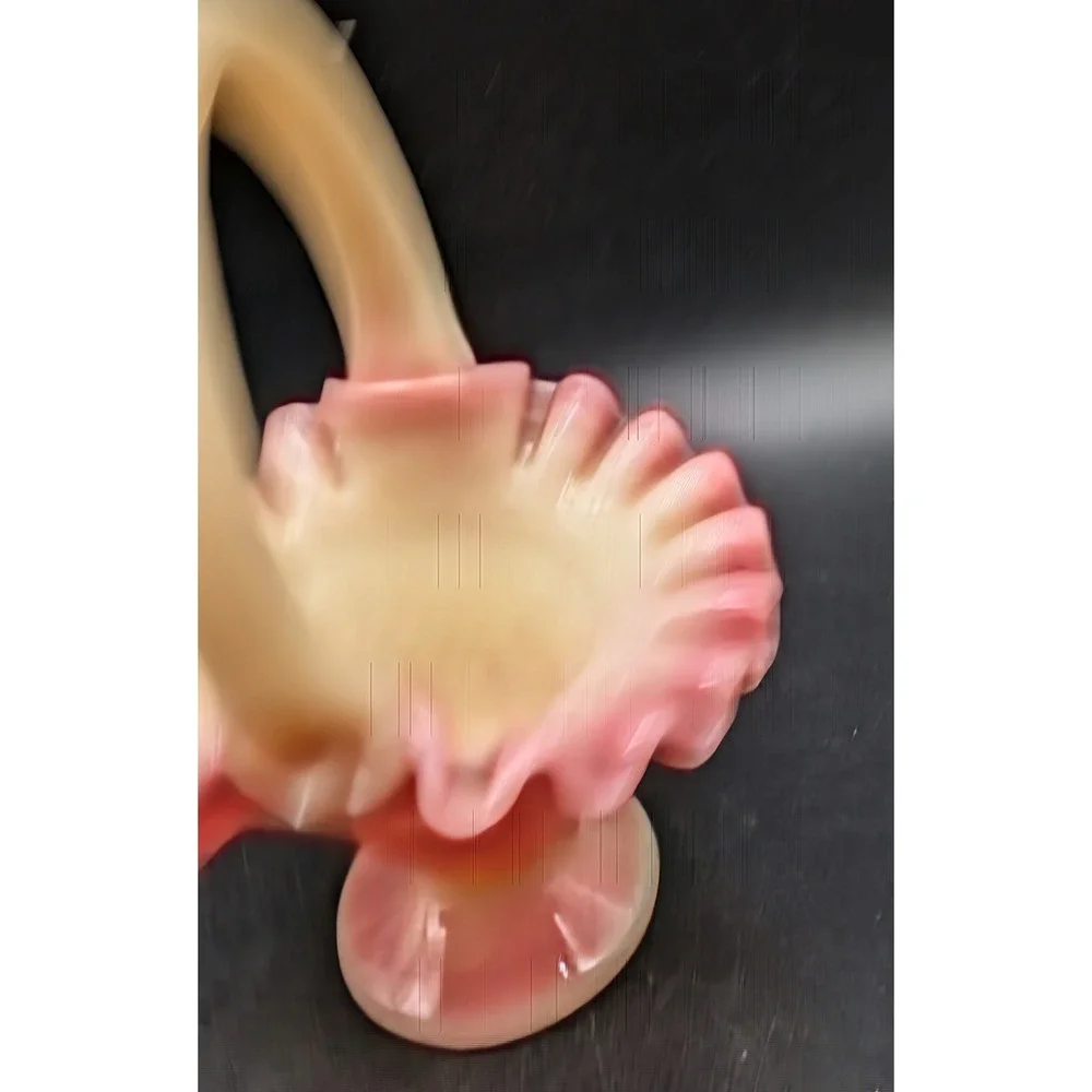 Vintage Fenton Pink Burmese Uranium Glass Basket Ruffled Rim Waffle Base 6 5